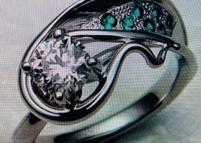 Silver ring with a large diamond and turquoise accents, showcasing fine jewelry craftsmanship.
